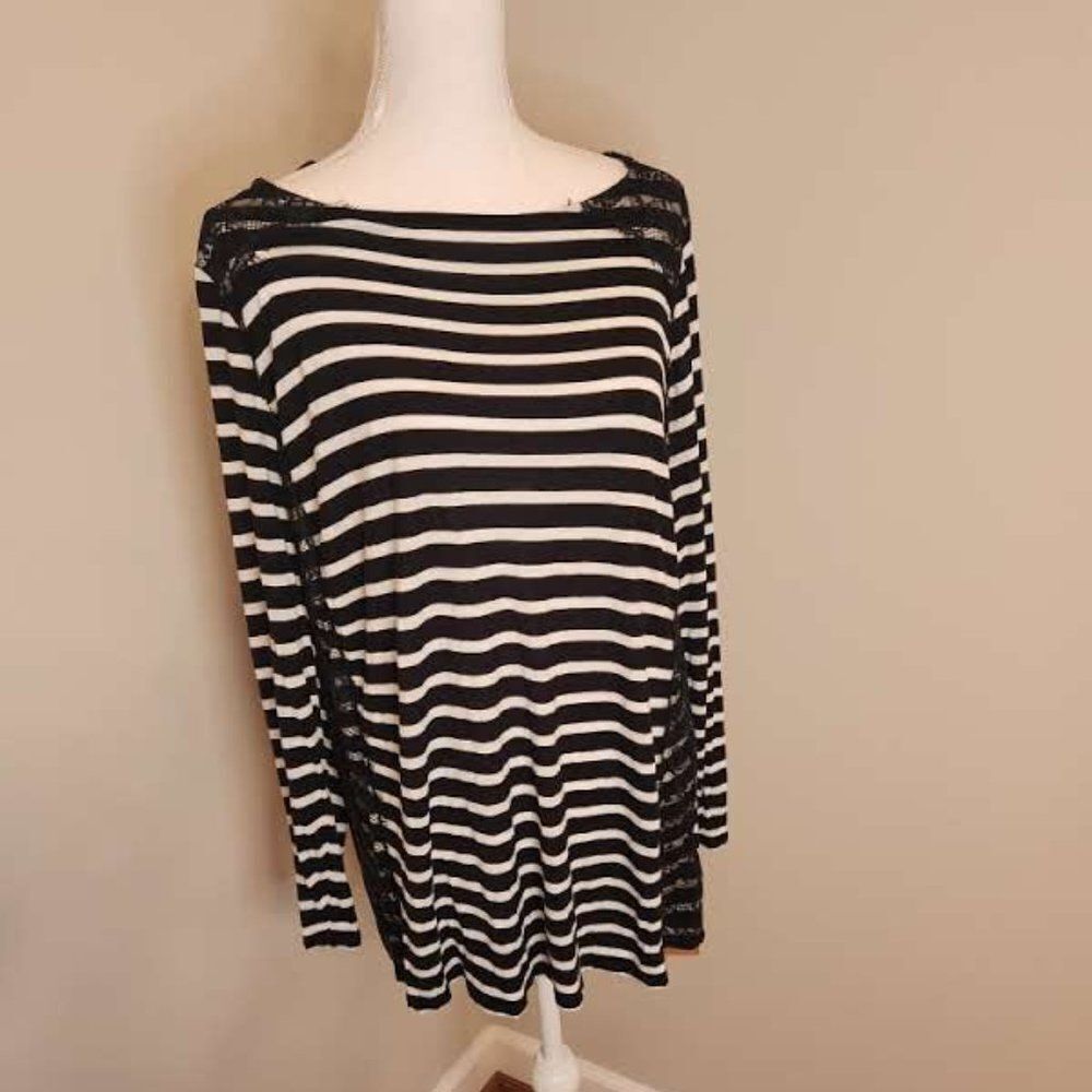 INC Black & White Stripe Blouse with Lace Detail
